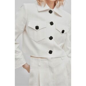 Massimo Dutti Studio Jacquard Linen White Button Up Light Cropped Short Jacket